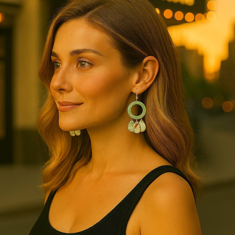 Massini Aqua/White Hoop Earrings with Hammered Silver Teardrops – Dangle Style